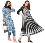 Gosriki Women'S Printed & Embroidered Kurti & Kurti Pant Set Combo Pack Of 2 (Pustak Blue & Kari Black-Gs_4Xl_Multi_Xxxx-Large),Multicolour,4,B0D17YQYTK