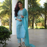 Gosriki Women'S Cotton Blend Printed Straight Kurta With Pant & Dupatta (Sky Bird-Blue_10Xl-Go_Blue_Xxxxxxxxxx-Large),Blue,10,B0BDZCC24G