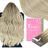 YoungSee Balayage Tape in Hair Extensions Human Hair Ash Blonde with Platinum Blonde Balayage Tape Hair Extensions Ombre Tape in