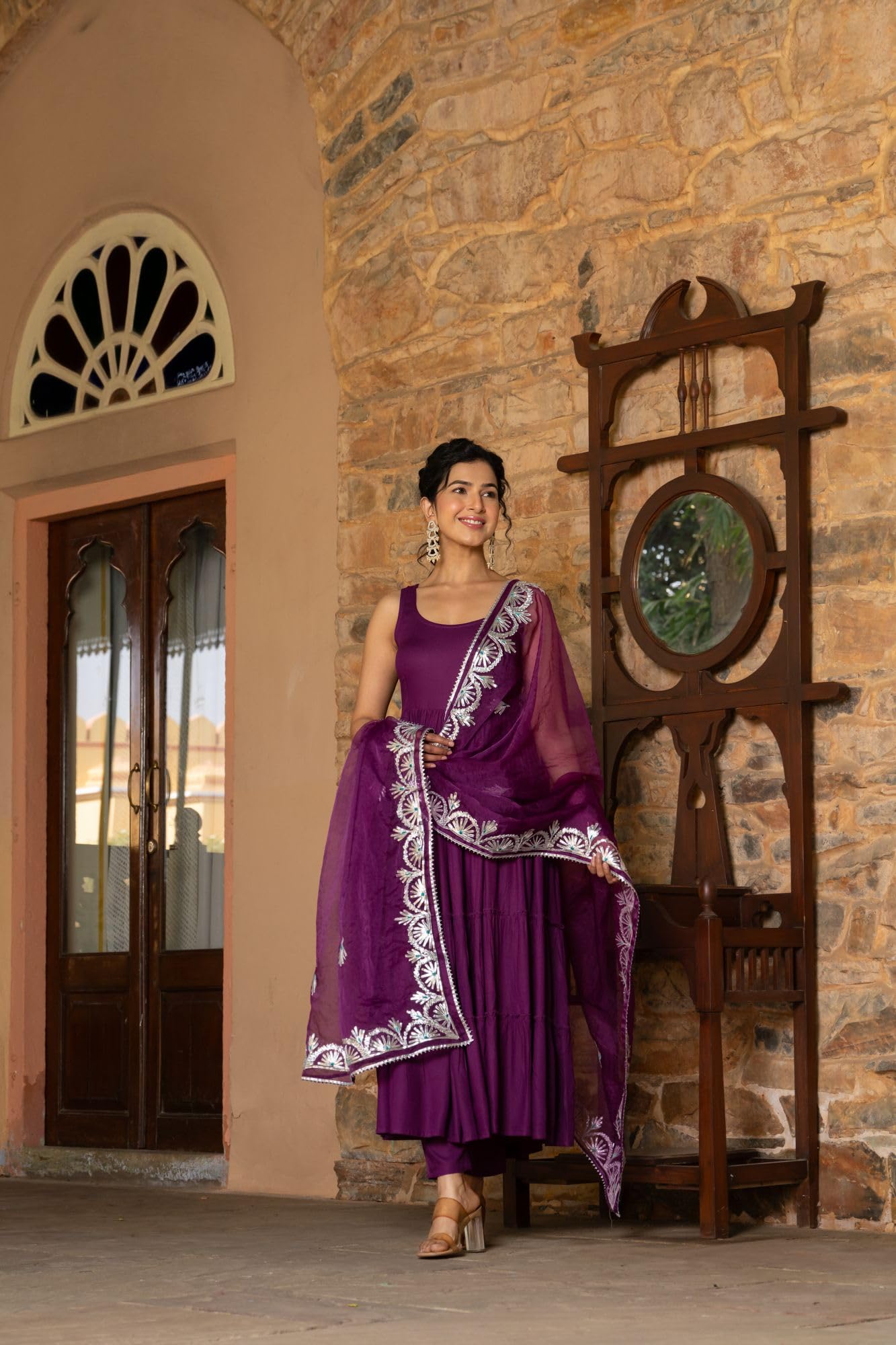 Gosriki Women'S Rayon Blend Anarkali Solid Kurta With Pant & Dupatta (Kasbah Purple-Gs_L_Purple_Large),Purple,,B0DFCKNTZL