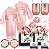 Suhine 14 Pcs Mother of The Bride and Groom Gifts Set Wedding Satin Robe Canvas Tote Bag with Makeup Bag 12 oz Tumbler Cup Small