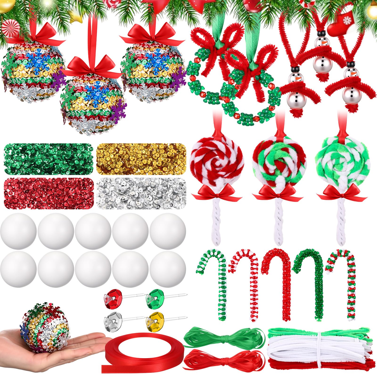 Soulchen Christmas Crafts Ornaments Kit Include 10 Pcs Foam Balls Sequins DIY Set and 40 Pcs Snowman Wreath Candy Cane Lollipop 