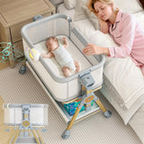 3 in 1 Baby Bassinet Bedside Sleeper, Rocking Bassinet for Baby with Wheels, Music Night Light, Storage Basket, Mattress, Adjust