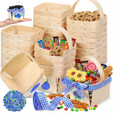 Seeloowy 77 Pcs/30 Sets One Pint Wood Berry Basket with Handle with Blueberry Stickers and Blue Gingham Ribbon 4 Small Gifts Bas