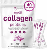 Multi Collagen Peptides, 40 Packets | Hydrolyzed Protein Peptides Powder | Type I,II,III,V,X with Hyaluronic Acid, Biotin, & Vit