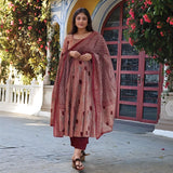 Anni Designer Women'S Rayon Viscose Printed Anarkali Kurta With Pant & Dupatta (Prisha Wine-Vks01_Xl_Wine_X-Large),Wine,XL,Rayon,Anarkali,