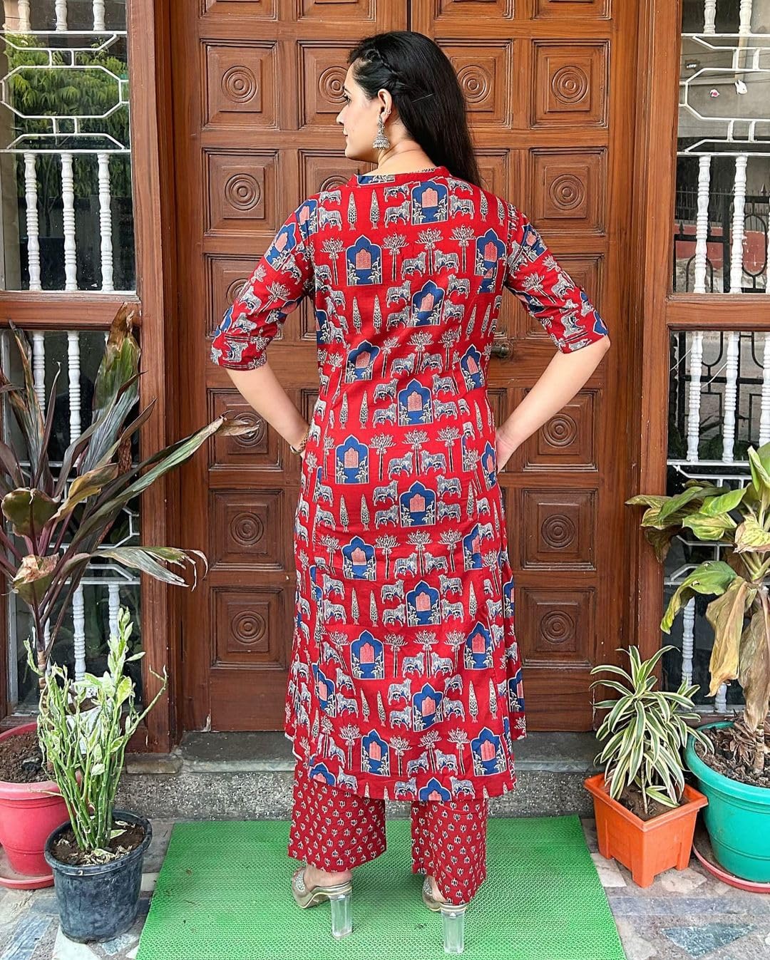 Gosriki Women'S Rayon Blend Straight Printed Kurta With Palazzo (Gpw Red-Gs_S_Red_Small),Red,,B0DFCJ4GDZ