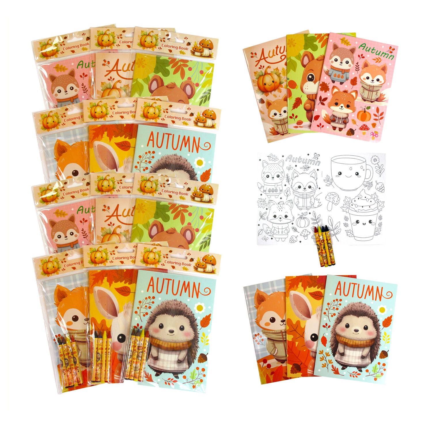 TINYMILLS Autumn Animals Kids Coloring Book Set with Crayons - 12 Pack Fall Woodland Creatures Activity Books for Children | Tha
