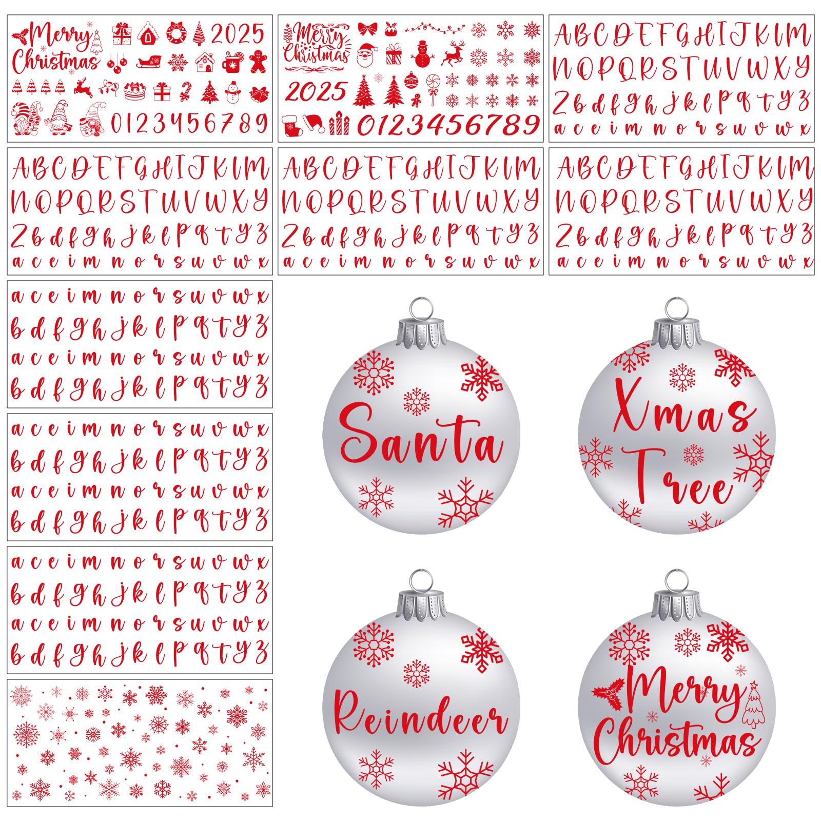 Rngmsi Christmas Rub on Transfers for Crafts - 10 Pcs Red Letters Numbers UV DTF Stickers for Christmas Ball Ornaments Snowflake