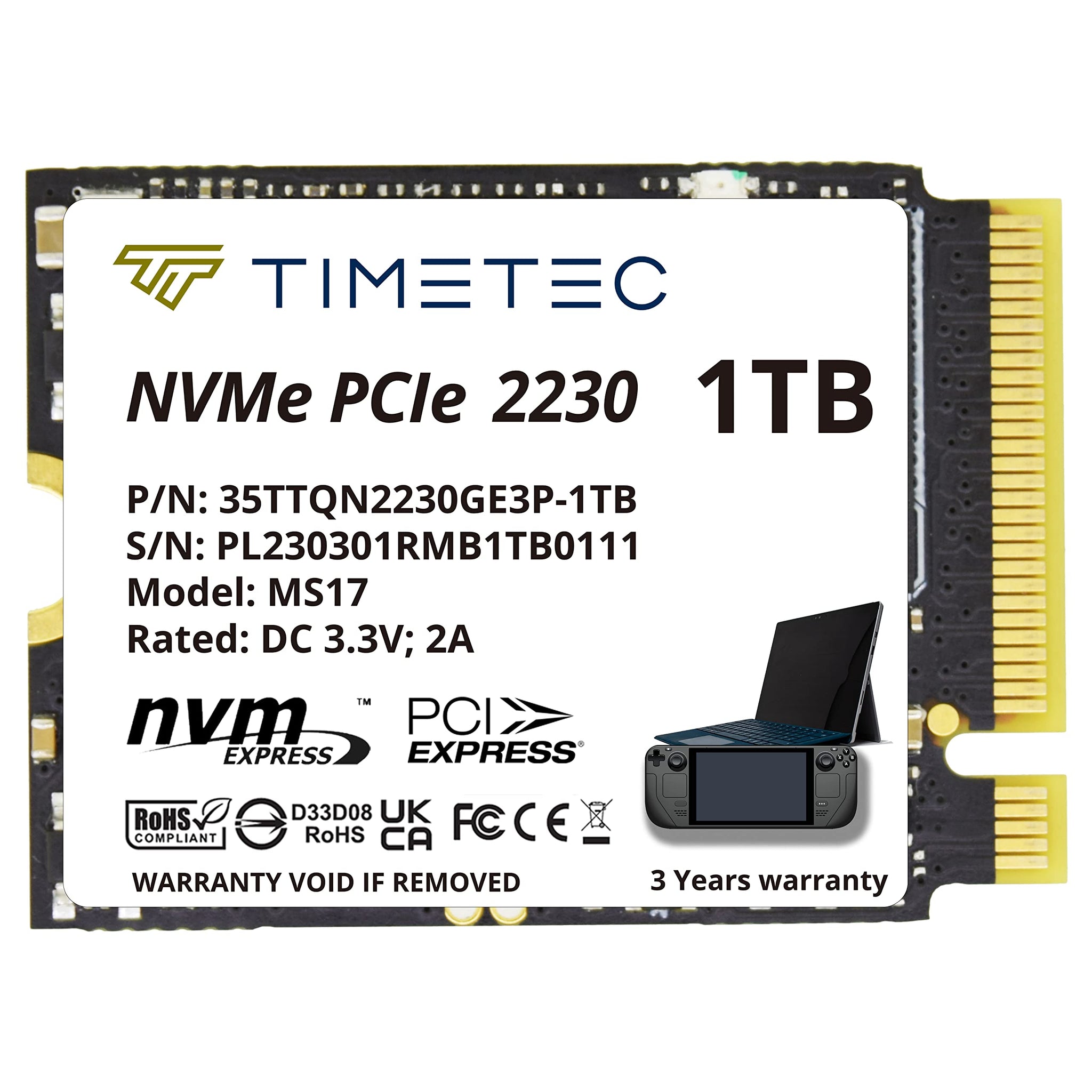 Timetec 1TB M.2 2230 SSD NVMe PCIe Gen3x4 Single Sided Solid State Drive Compatible with Steam Deck, Microsoft Surface pro 9/ pr