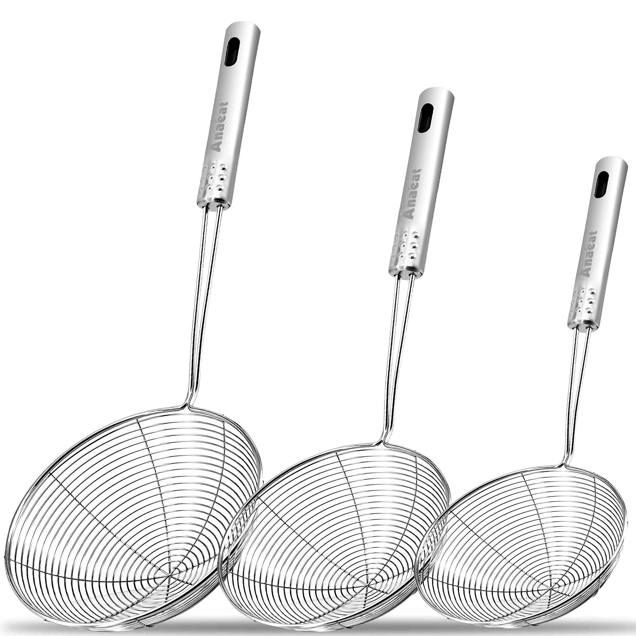 Anaeat Stainless Steel Spider Strainer Skimmer, Set of 3 Professional Kitchen Pasta Strainer Spoon with Long Handle - Asian Stra