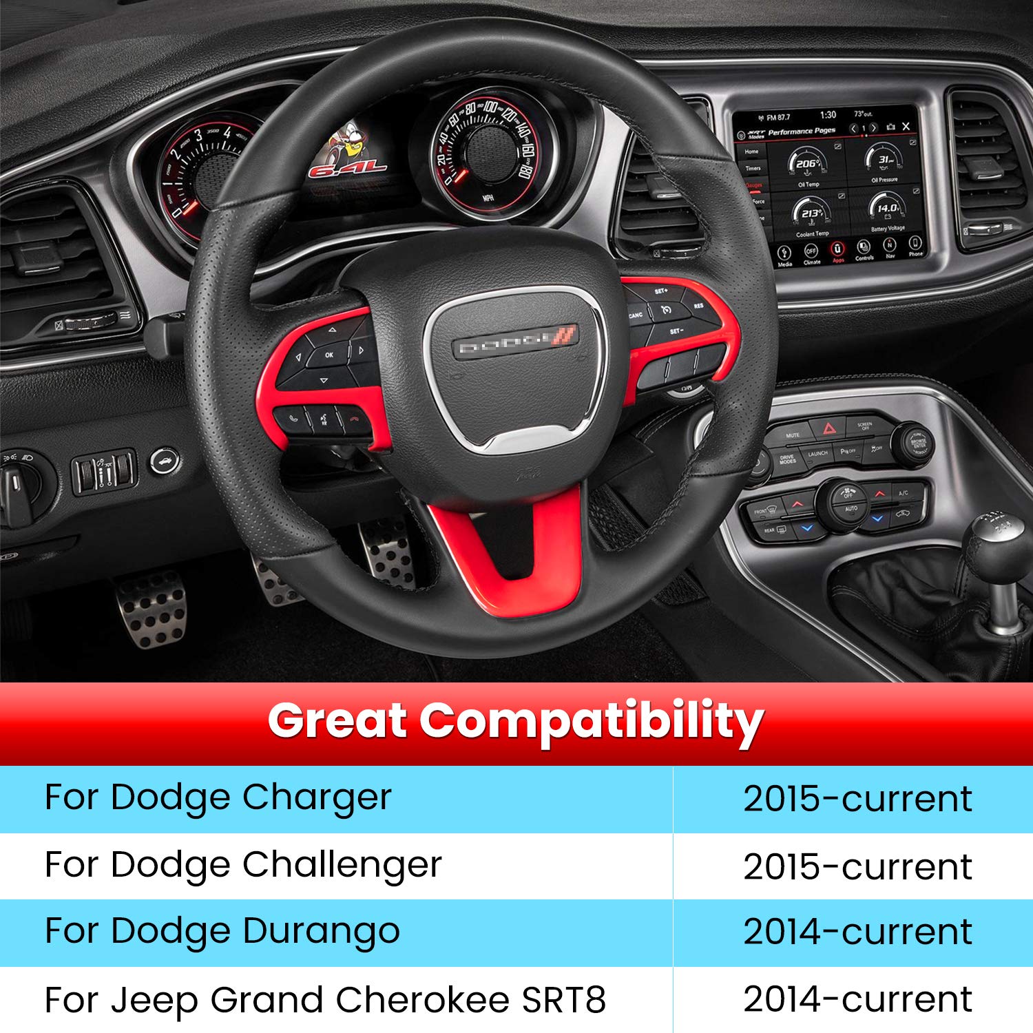 Steering Wheel Cover Trim Interior Accessories Decoration Kit for 2015-2021 Dodge Challenger Charger, for 2014-2021 Dodge Durang