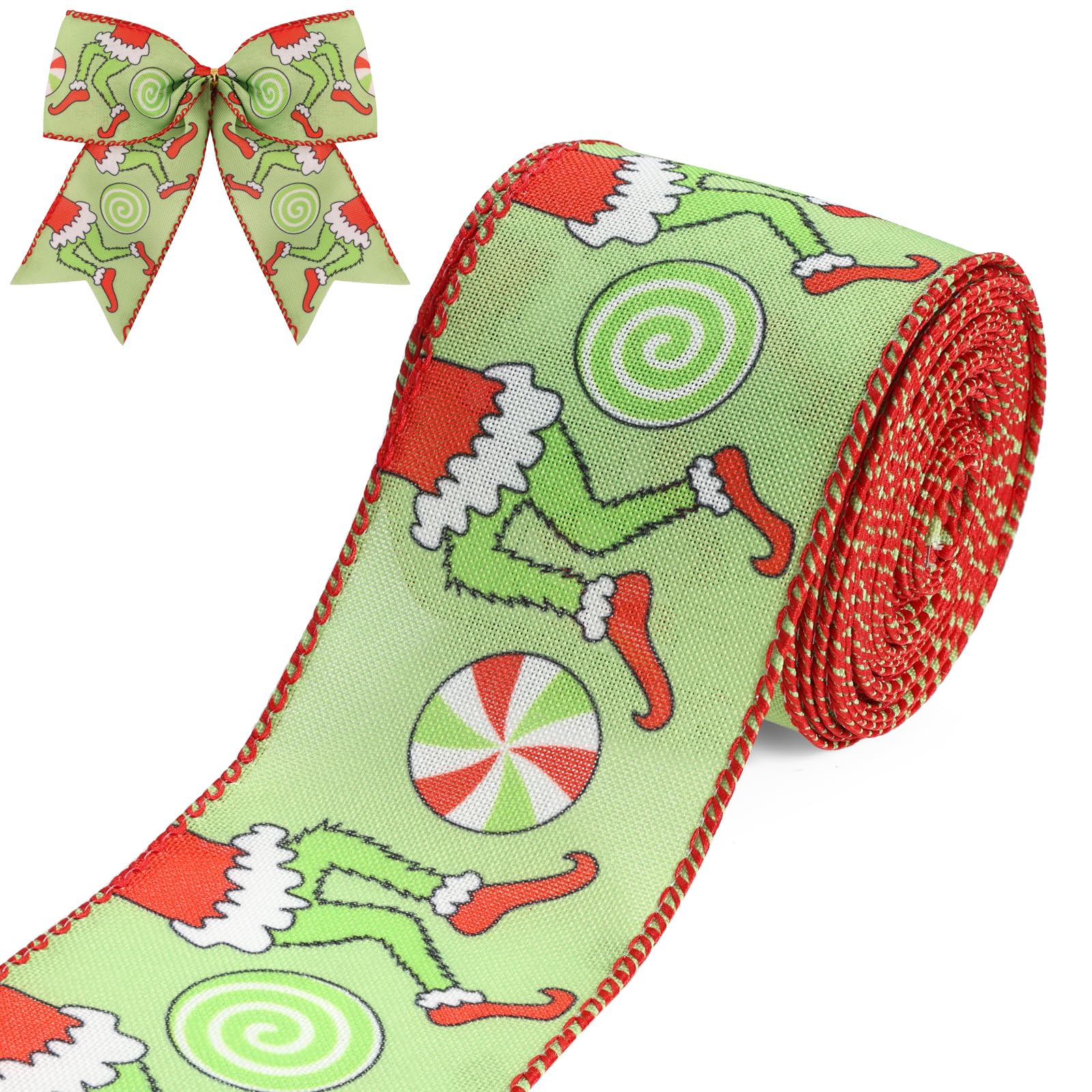 Christmas Ribbon for Tree, Red Green Funny Xmas Cartoon Character Ribbons Wired Peppermint Fabric Ribbon Gift Wrapping DIY Craft