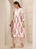 Libas Womens Printed Cotton A-Line Kurta With Trousers White Xl