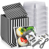 Tioncy 50 Sets Race Car Party Charcuterie Boxes with Ropes and Cards Black and White Checkered Disposable Paper Food Containers 