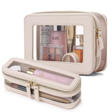 Pinkmik Clear Makeup Bag with Brush Case Travel Toiletry Bag Waterproof Cosmetic Organizer Car Essentials for Women (Beige, M+SL
