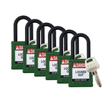 Brady Safety Lockout Padlock Sets - 6 Pack - Green - Keyed Different Safety Lockout Padlocks - 1 Key Per Lock - SDPL-GRN-38PL-KD