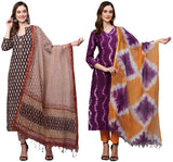 Anni Designer Women'S Cotton Blend Printed Straight Kurta With Pant & Dupatta Pack Of 2 (Combo-Nayantara Black-Mukhi Pink_M_Multi_Medium),Multicolour,M