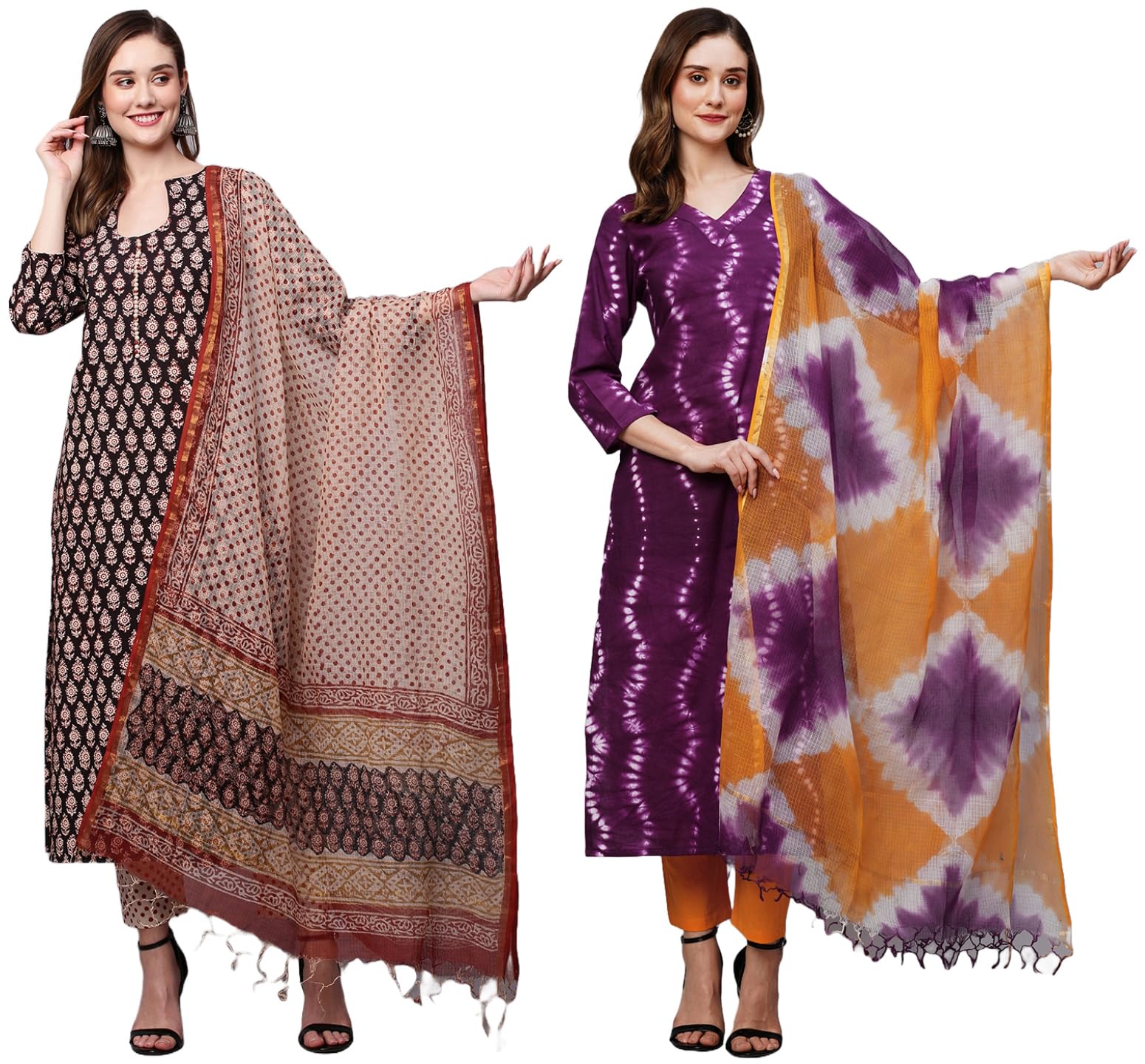 Anni Designer Women'S Cotton Blend Printed Straight Kurta With Pant & Dupatta Pack Of 2 (Combo-Nayantara Black-Mukhi Pink_Xxl_Multi_Xx-Large),Multicolour,2XL,,,