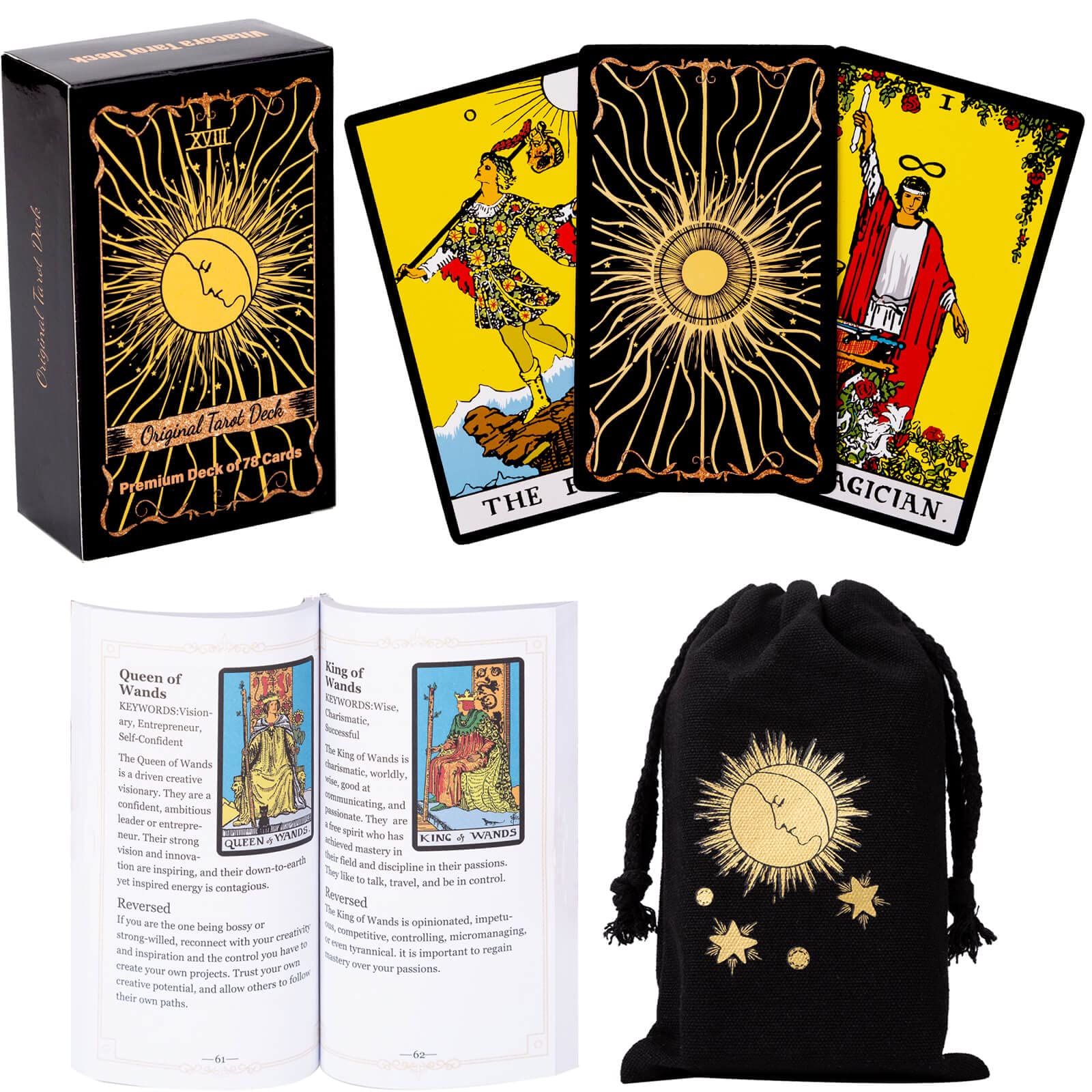 Vitacera Original Tarot Cards Deck with Guidebook & Linen Tarot Bag - Smith Classic Artwork, Traditional Standard Tarot Decks, D