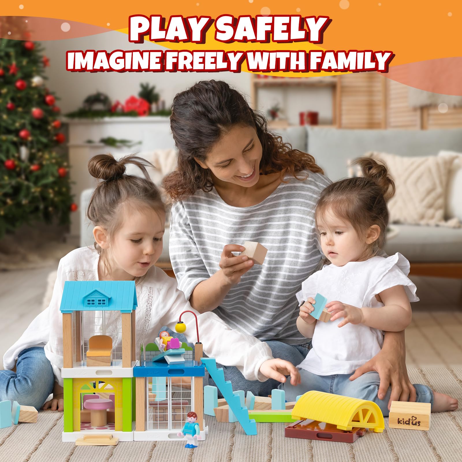 37-Piece Small Wooden Dollhouse, 3-Room DIY Doll House for Toddlers with 3 Movable Dolls, Dollhouse Furniture Accessories, Birth