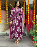Anni Designer Women'S Rayon Blend Anarkali Printed Kurta With Pant & Dupatta (Jasiwal Wine-Vks01_5Xl_Wine_Xxxxx-Large),Wine,5XL,,,