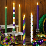 Honoson 6 Pcs Mardi Gras Flameless Taper Candles 10.6 Inch Purple Green and Gold Candles Battery Operated LED Candlesticks for M