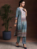 Libas Womens Printed Crepe Straight Kurta With Trousers And Dupatta Grey S