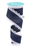 RG Ribbon Navy Blue Canvas with White Scalloped Lace Edges, Wired, 2.5 Inch x 10 Yards - for Bows, Wreaths, Crafts, and Decorati