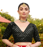 Pujia Mills Womens Fancy Readymade Half Sleeve Sequins Saree Blouse(Sequins Butti Black_38)