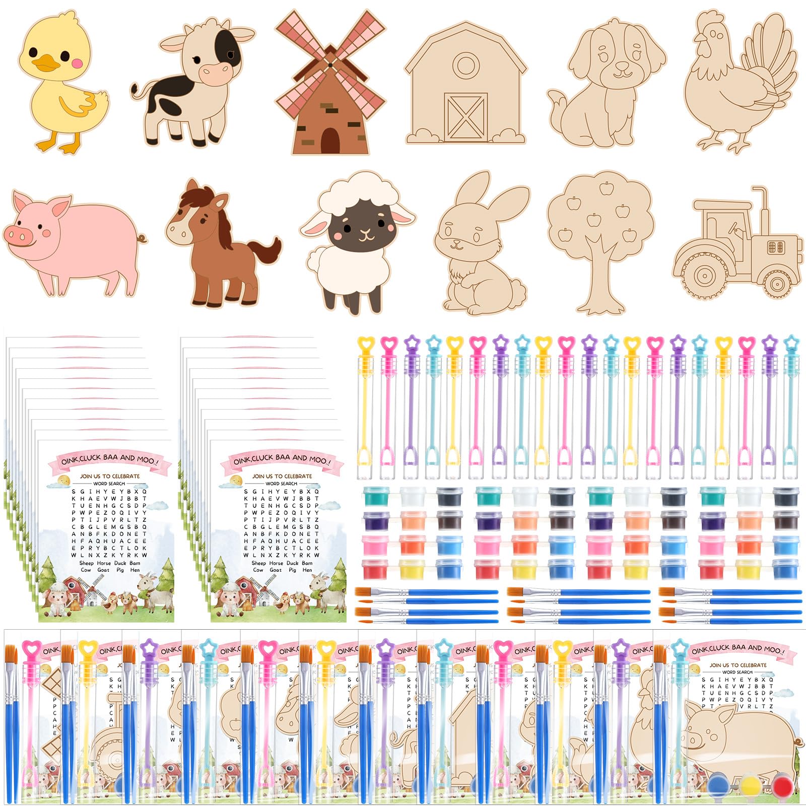 VioraWhite 24 Set Birthday Party Favor Craft Include 24 Pcs DIY Wooden Painting Art Kit 24 Pcs Bubble Wand 24 Gift Card Wood Col