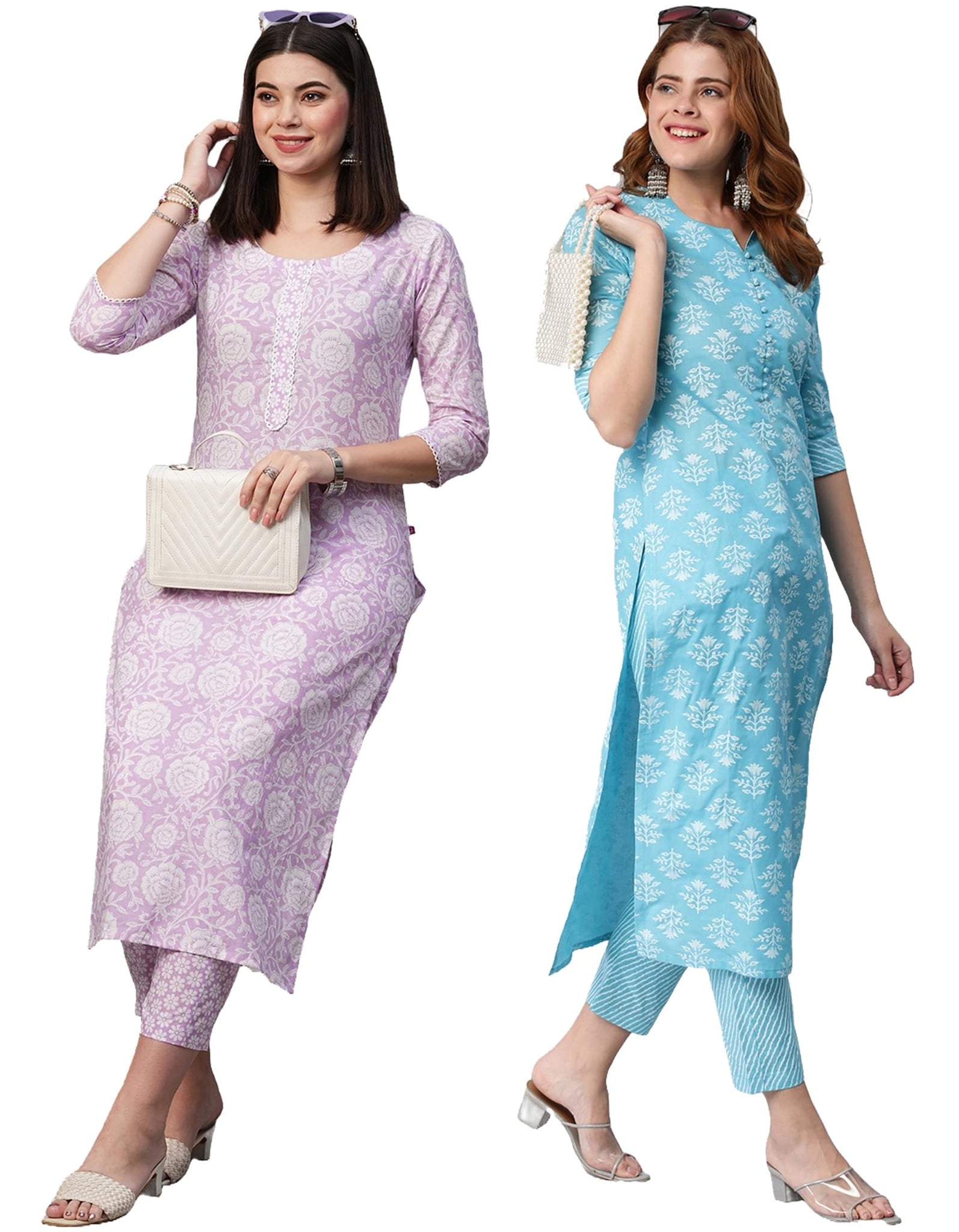 Anni Designer Women'S Cotton Blend Printed Straight Kurta With Pant Pack Of 2 (Combo-Mukh-Kidya_Multicolor_Large),Multicolour,L