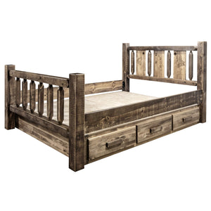 Montana Woodworks Homestead Collection King Storage Bed With Laser Engraved Wolf Design, Stain & Clear Lacquer Finish