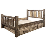 Montana Woodworks Homestead Collection King Storage Bed With Laser Engraved Wolf Design, Stain & Clear Lacquer Finish