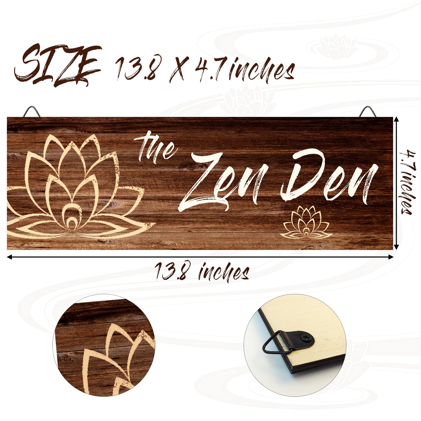 The Zen Den Wooden Wall Sign, 13.7 x 4.7 Inches Hippie Room Decoration with Hooks, Hanging Meditation Accessories Decor for Chak