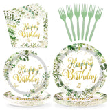 Grencian 96Pcs Sage Green Happy Birthday Party Decorations Retro Green Birthday Plates Eucalyptus and White Flower Paper Plate D