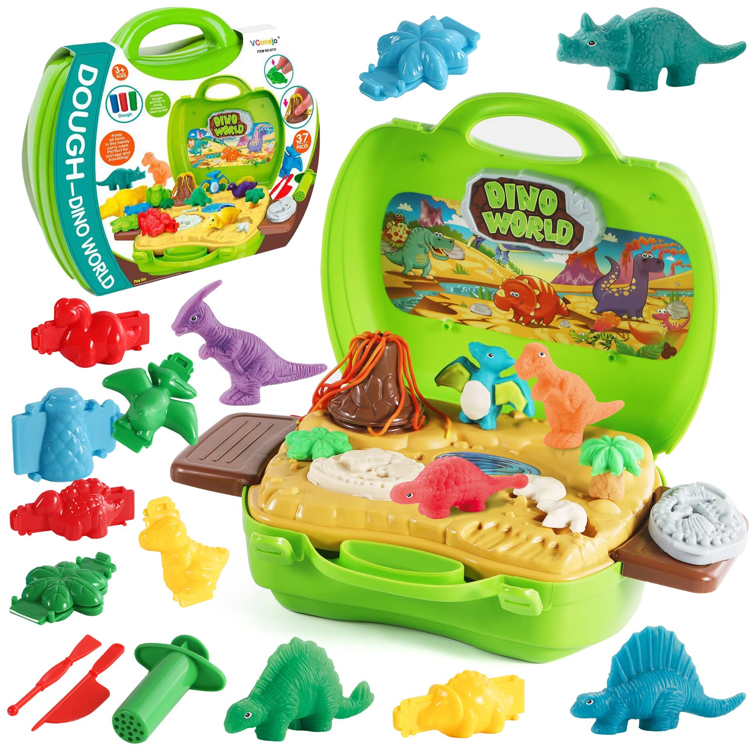 VConejo 2 in 1 Dinosaur Color Dough Toys, 37 Pieces Dino Theme Color Dough Tools Accessories with Volcano and Fossils for Boys a