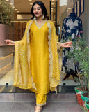 Anni Designer Women'S Rayon Blend Printed Straight Kurta With Pant & Dupatta (June Yellow_Xl_Yellow_X-Large),Yellow,XL,,,