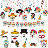 Outus 24 Pieces Day of The Dead Photo Booth Props D a de Los Muertos Skull Photo Prop Party Hanging Decor Party Swirls Decorati