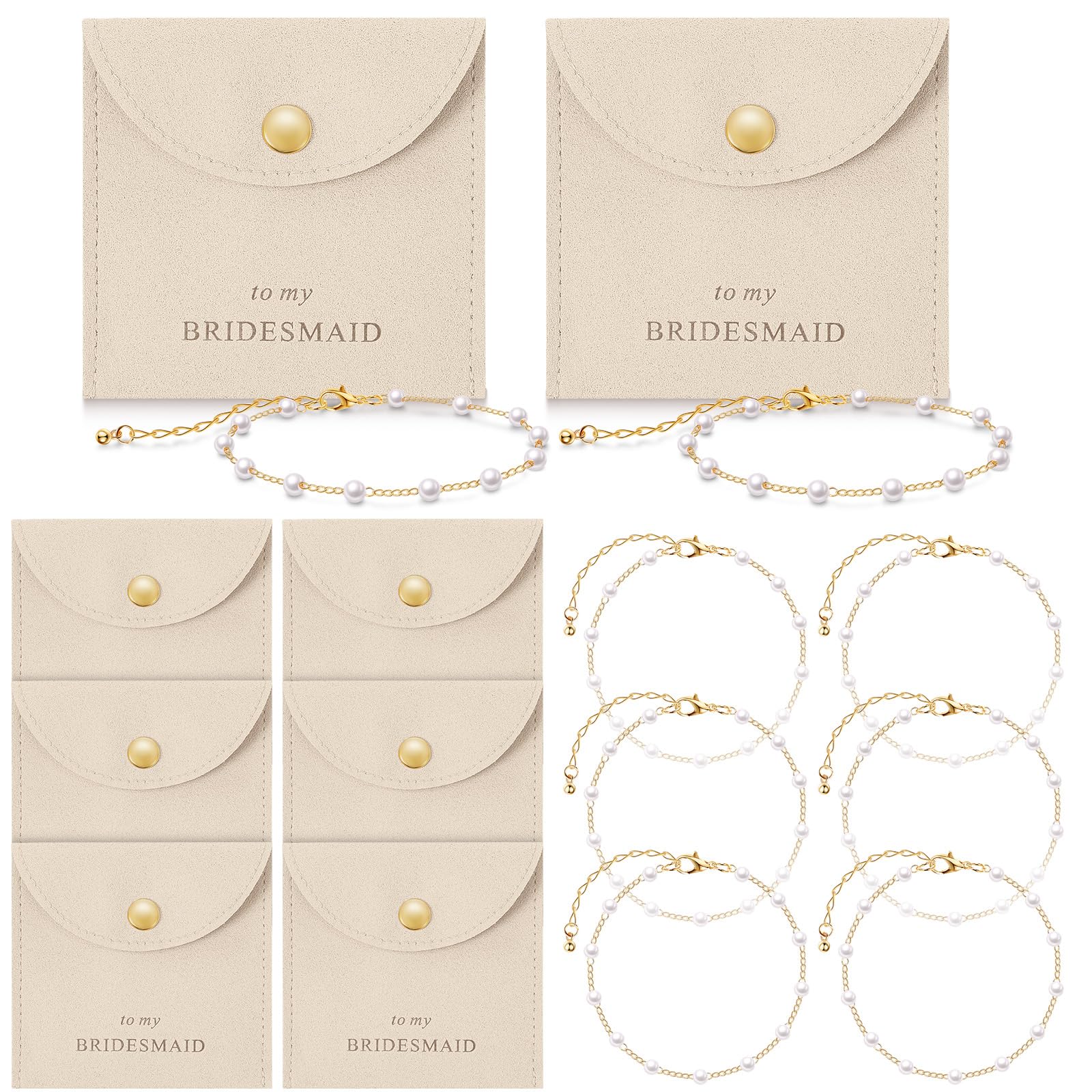 Quelay 16 Pcs Jewelry Bridesmaid Gift Pearl Bracelet Microfiber Jewelry Bag Pouch Set of 8 for Wedding Bridal Party Favor(Cream-
