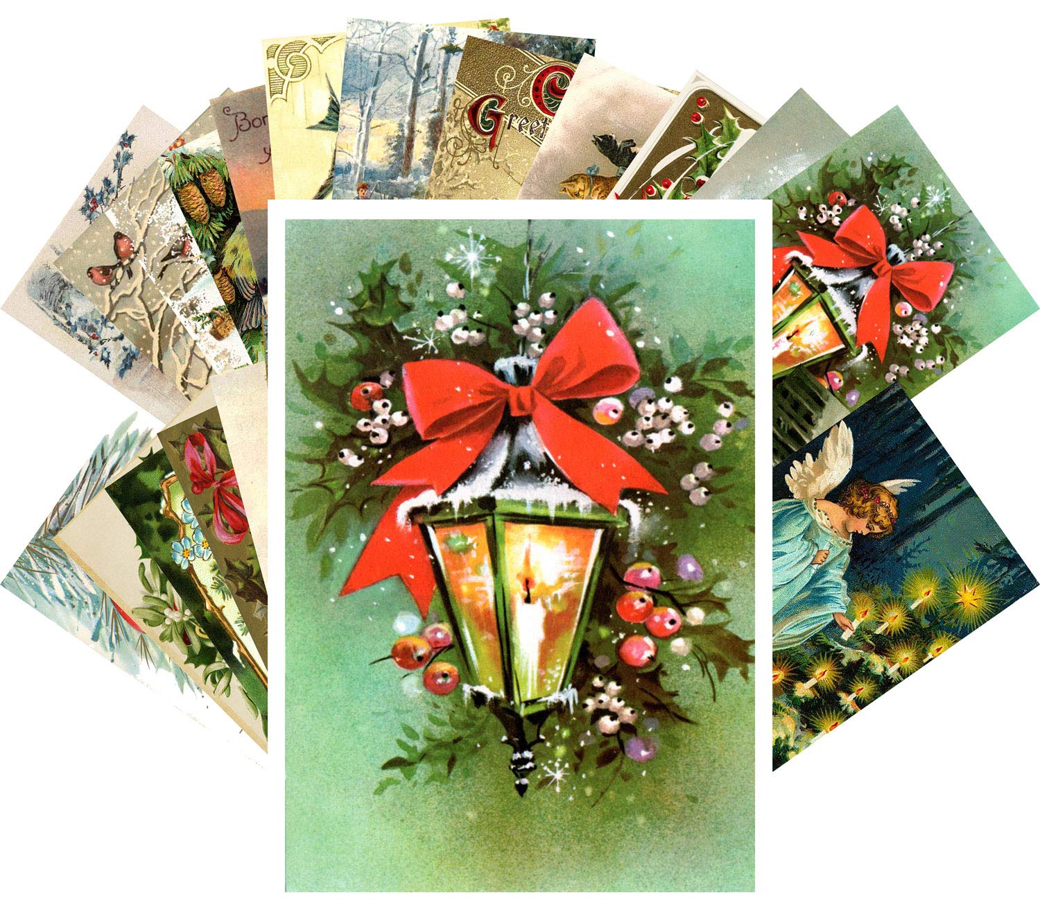 PIXILUV Vintage Christmas Greeting Cards 24pcs Christmas Tree Wreath Garland Ornaments Reprint Postcard Set