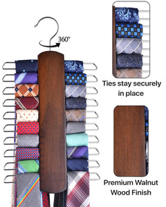 Umo Lorenzo Premium Wooden Necktie and Belt Hanger, Walnut Wood Center Organizer and Storage Rack with a Non-Slip Finish - 20 Ho