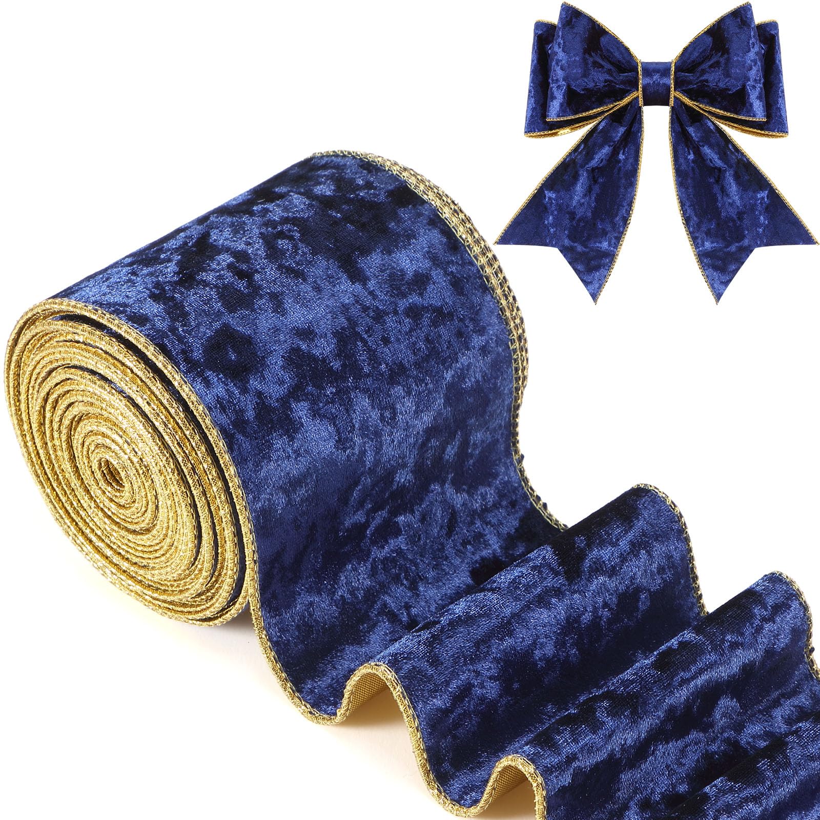 Riceshoot Christmas 4 Inch Velvet Ribbon 10 Yards Blue Wide Wired Velvet Ribbon with Gold Edge for Wrapping Bow Gift Box DIY