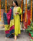 Gosriki Women'S Rayon Viscose Embroidered Anarkali Kurta With Pant & Dupatta (Jennu Mehandi-Gs_S_Mehandi_Small),Mehandi,,B0DWFLFW2X