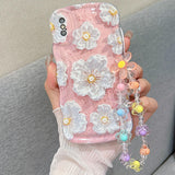 Fxlzcw for iPhone X iPhone Xs Curly Wavy Case, Cute Colorful Retro Oil Painting Flower Glossy Pattern [with Bead Chain], Slim Fi