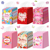 Kosiz 24 Pcs Mother's Day Gift Bags Paper Happy Mother's Day Party Favors Bags Pink Red Mom Goodie Bags Heart Flowers Candy Trea