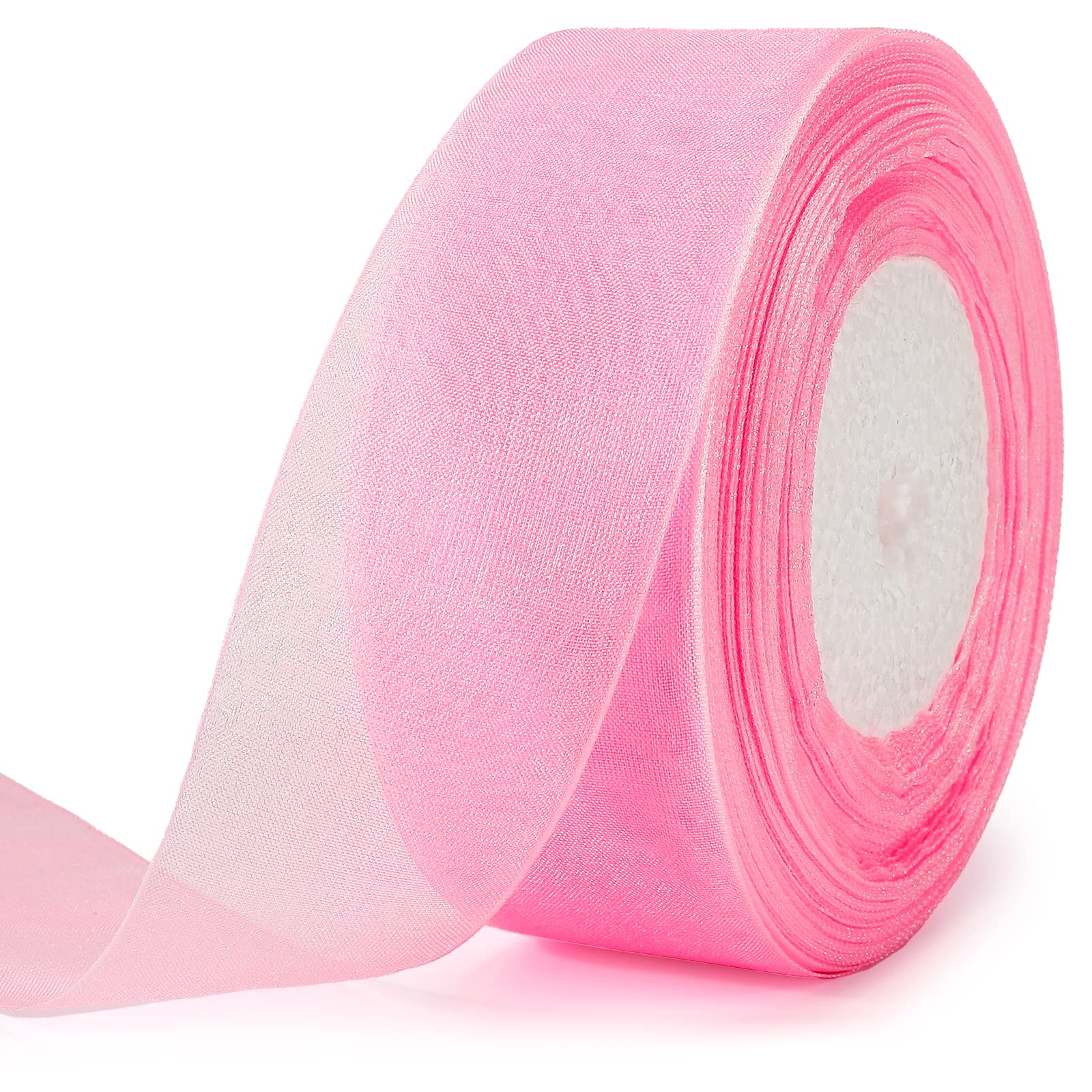 joycraft Pink Gift Wrapping Ribbon - 50 Yds x 1.5 in Handmade Sheer Organza Ribbon, Mesh Fabric String for Bow, DIY Craft, Xmas 