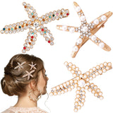 PAGOW 3 PCS Starfish Hair Clips, Gold Pearls Colorful Rhinestone Hair Clips, Crystal Sea Star Ponytail Holder, Faux Pearl Crysta