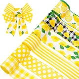 Whaline 30 Yard Summer Lemon Wired Edge Ribbons 6 Roll Yellow Lemon Buffalo Check Plaid Stripe Dots Pattern Burlap Ribbon Fabric