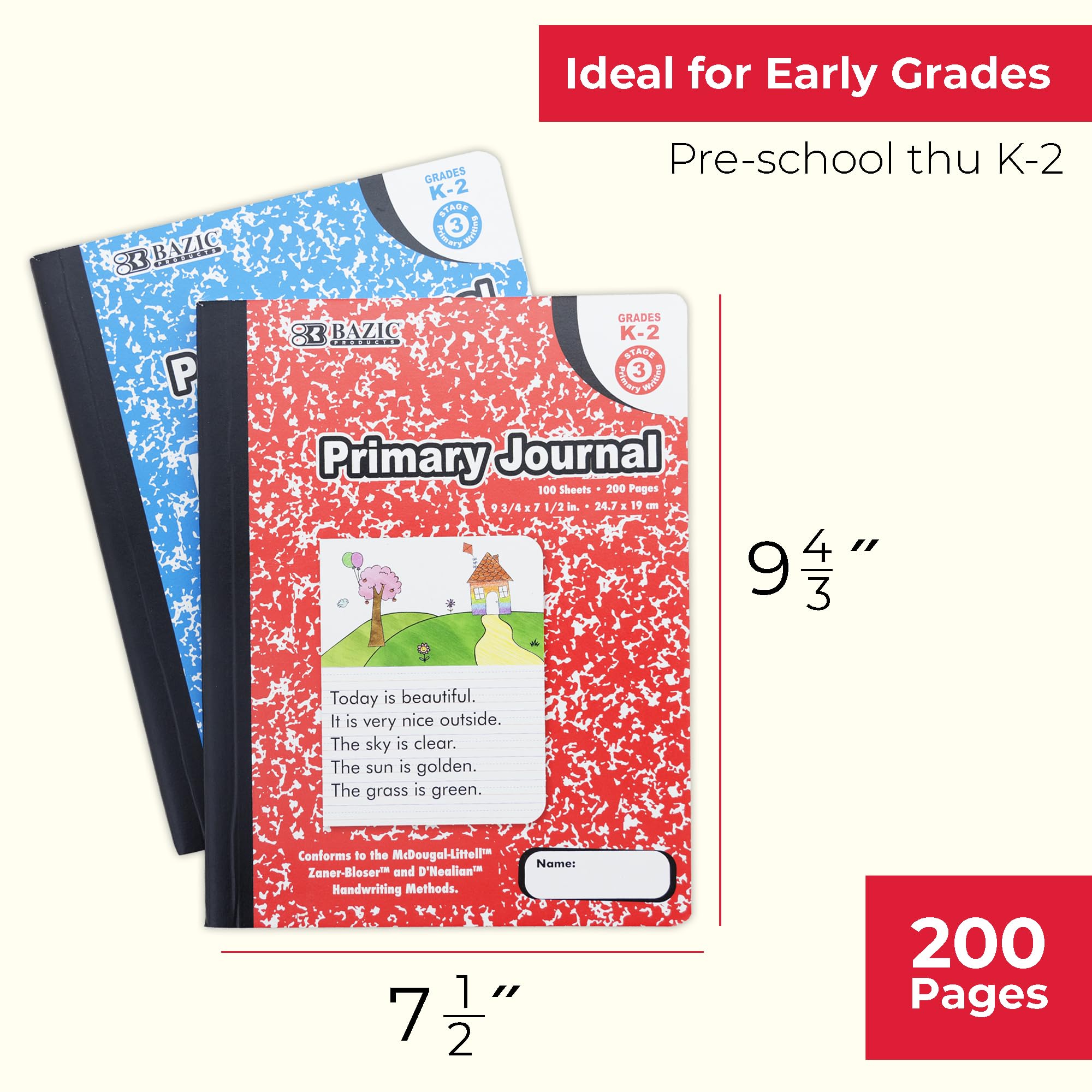 Bazic Primary Journal Composition Book Marble, 100 Sheet Drawing & Writing Grades K- 2 Notebook Journal Comp Notebooks For Kindergarten School, 48-Pack